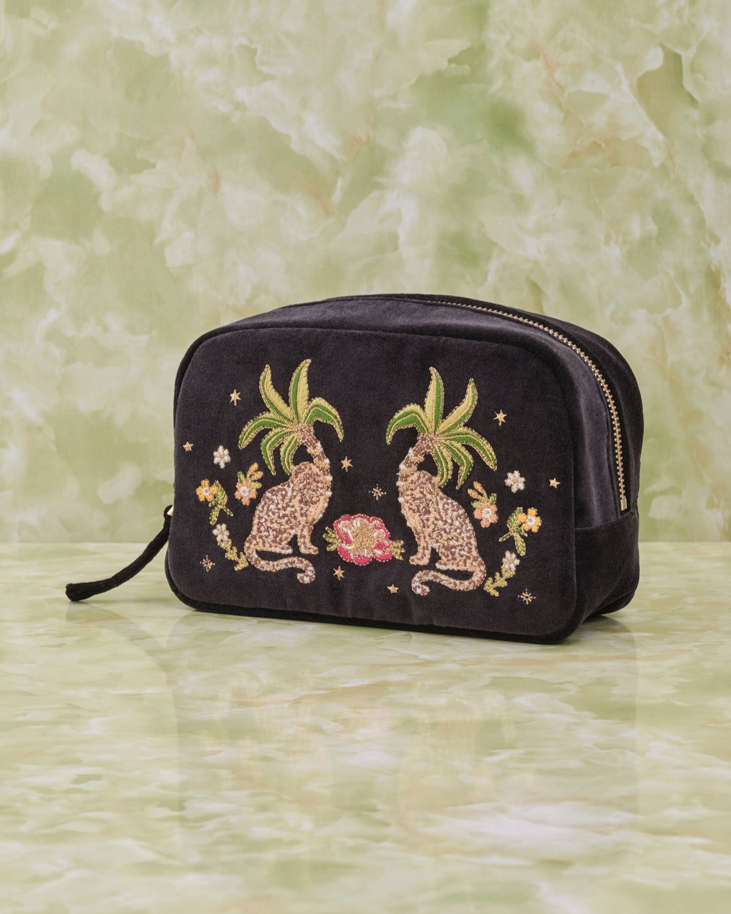 Tropical Jaguar Charcoal Velvet Makeup Bag