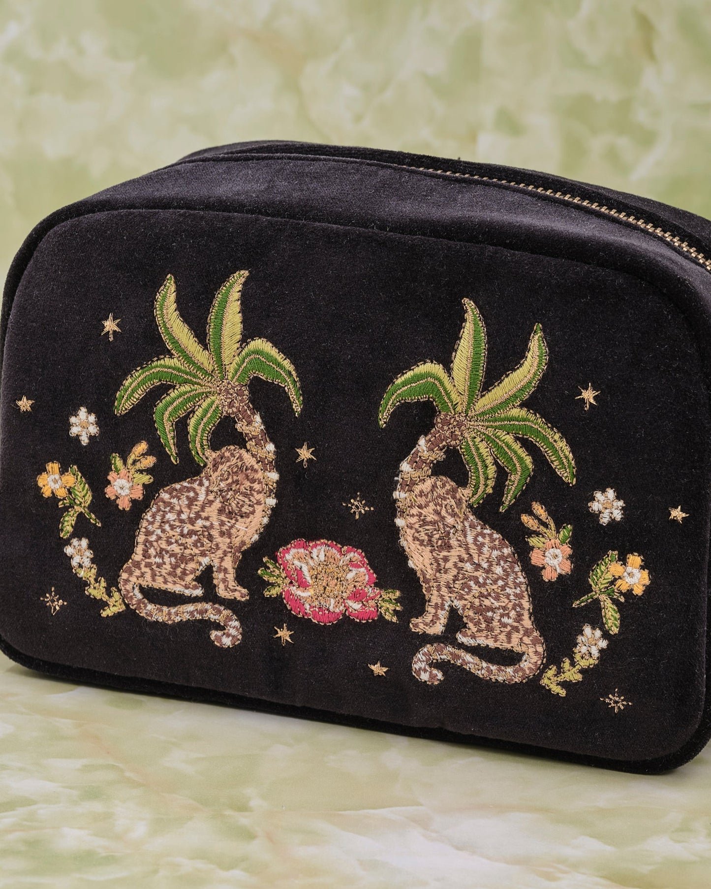 Tropical Jaguar Charcoal Velvet Makeup Bag