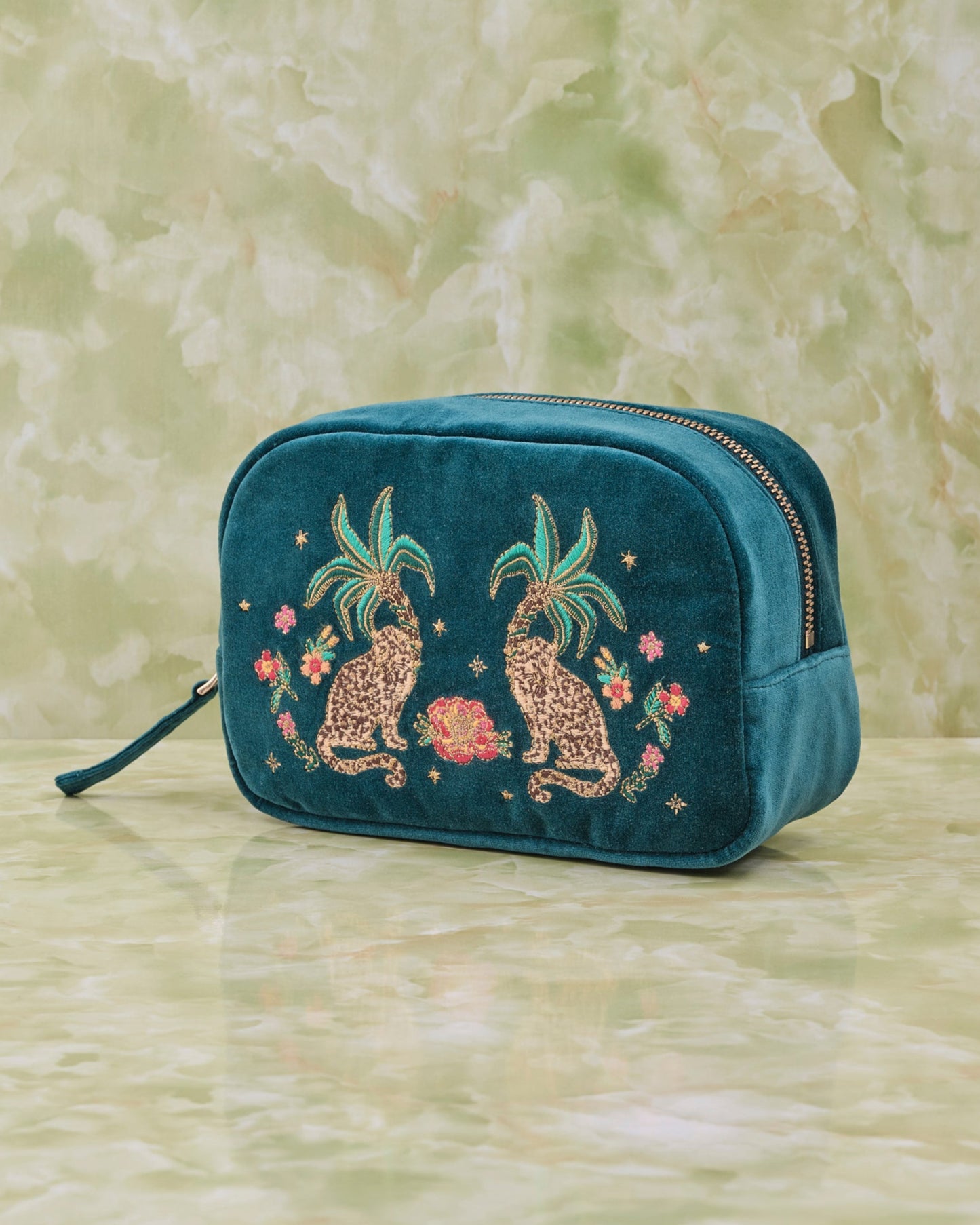 Tropical Jaguar Rich Blue Velvet Makeup Bag