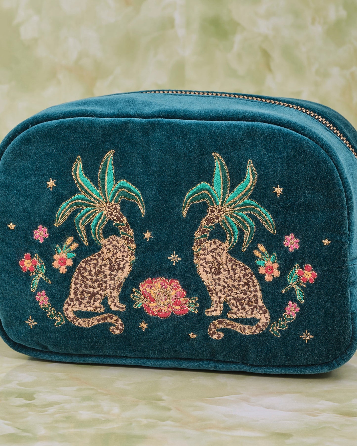 Tropical Jaguar Rich Blue Velvet Makeup Bag