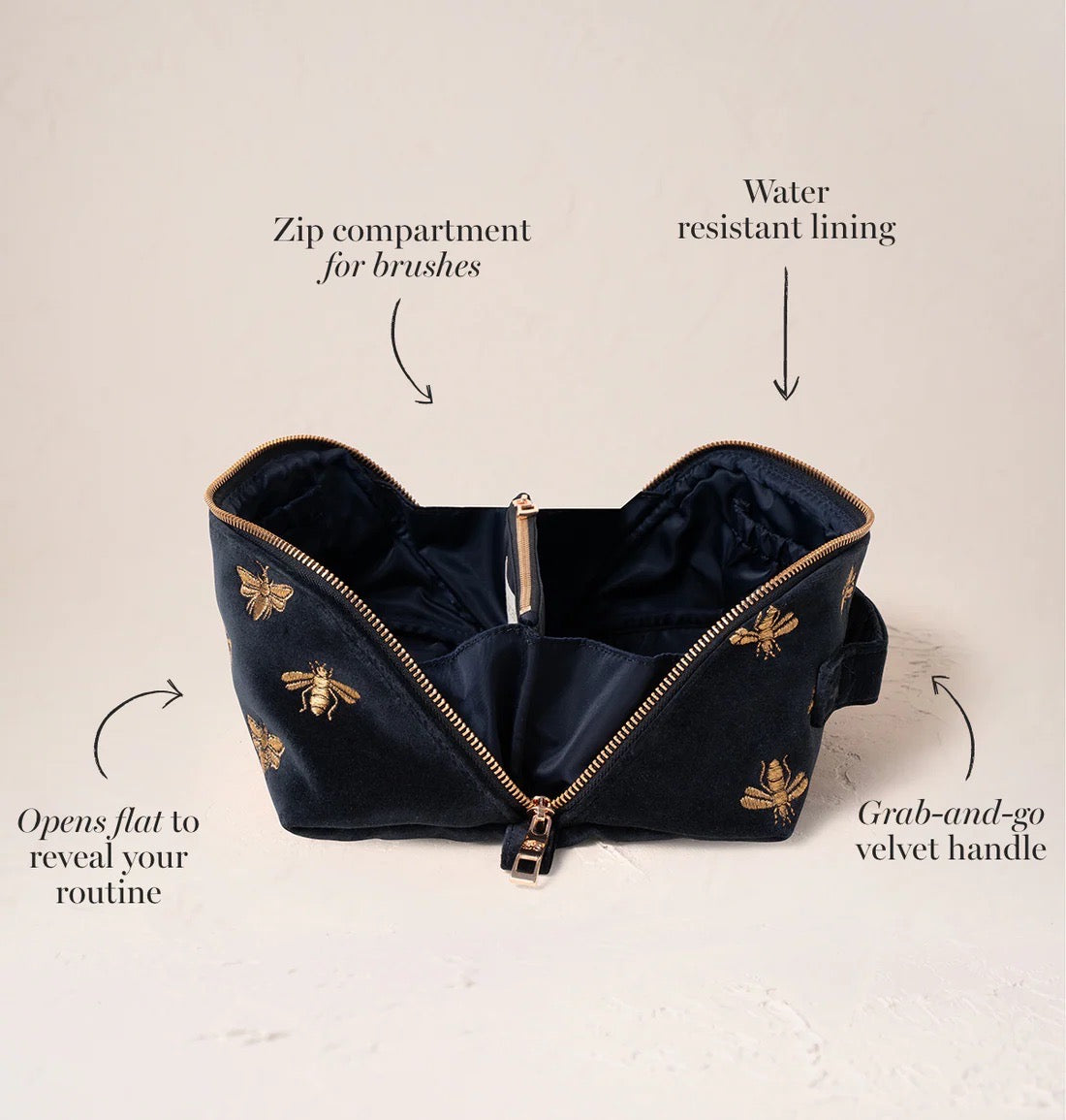 Honey Bee Charcoal Velvet Open Flat Makeup Bag