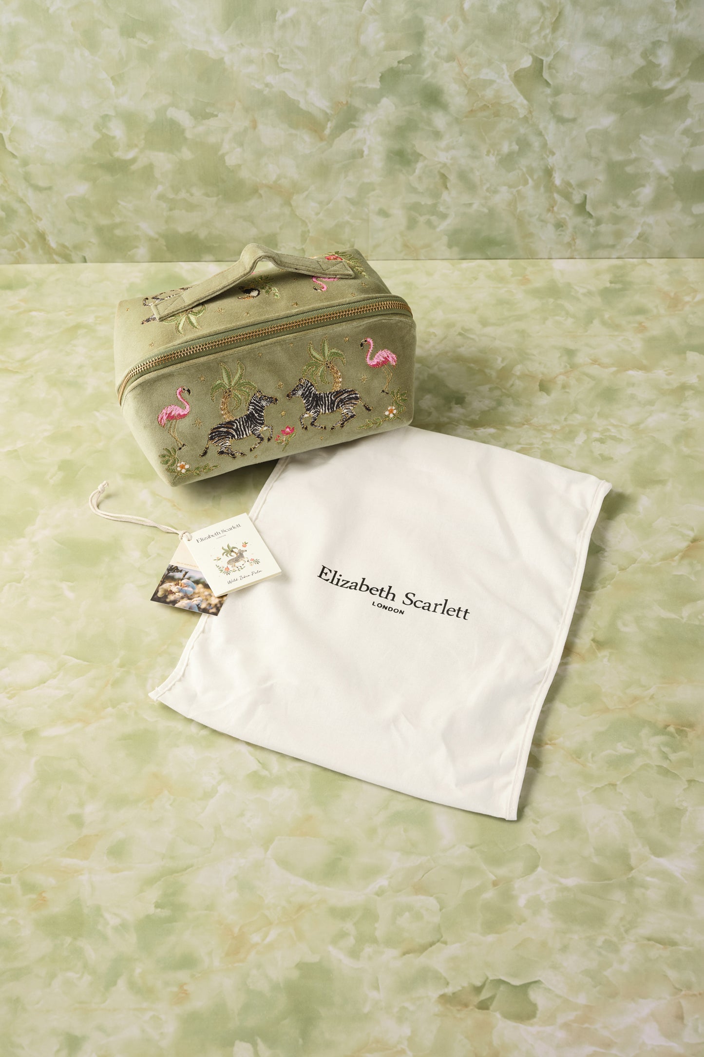 Wild Zebra Palm Olive Velvet Open Flat Makeup Bag