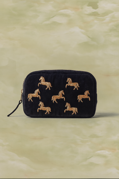 Wild Horses Velvet Makeup Bag -Charcoal