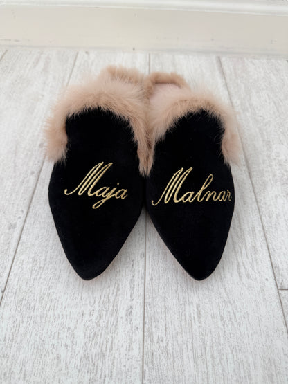 MULES FUR BLACK VELVET, GOLDEN NAME AND SURNAME (Sample Sale)