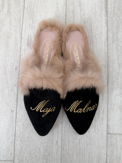 MULES FUR BLACK VELVET, GOLDEN NAME AND SURNAME (Sample Sale)