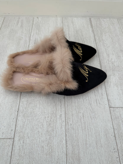 MULES FUR BLACK VELVET, GOLDEN NAME AND SURNAME (Sample Sale)