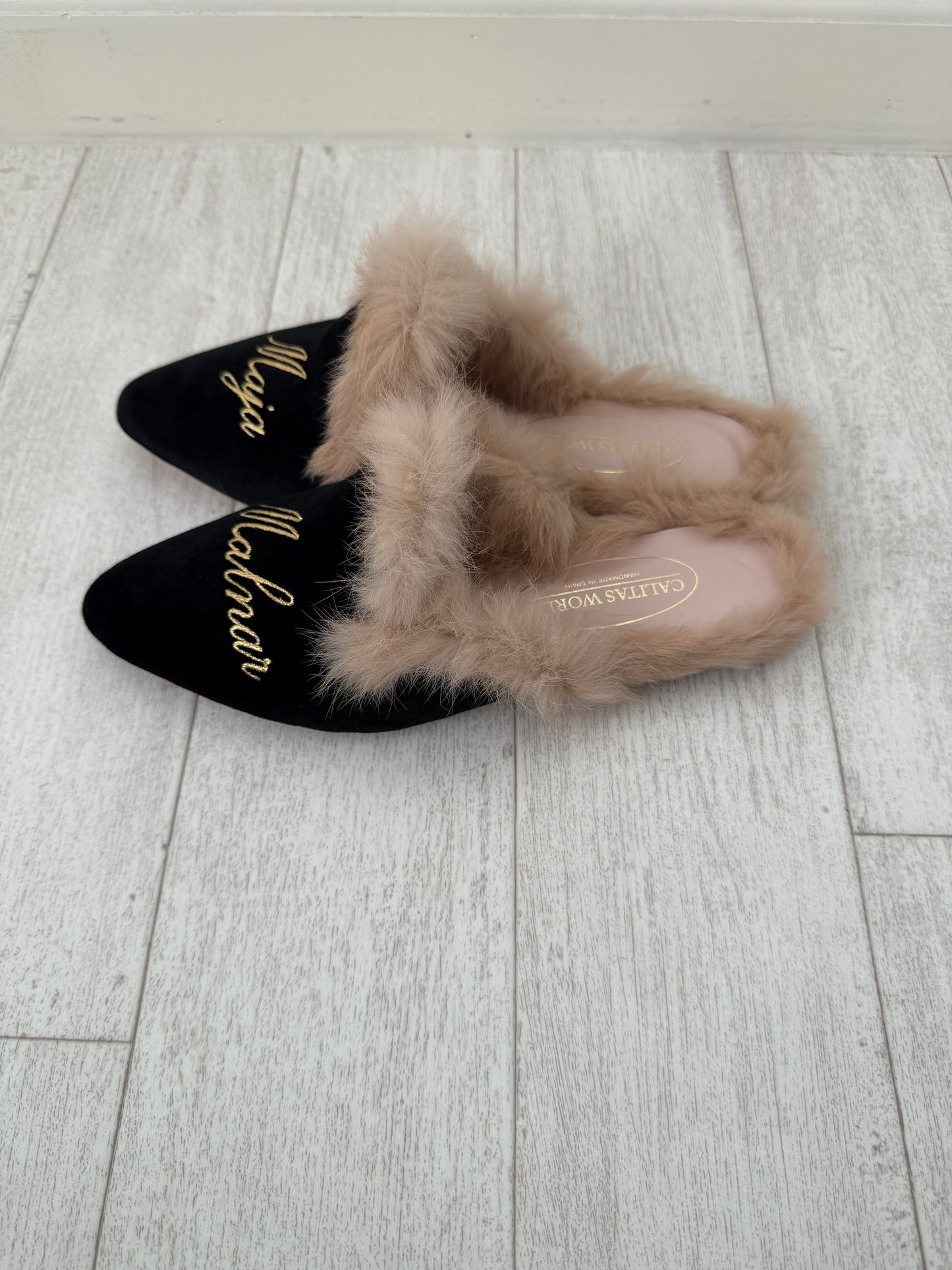 MULES FUR BLACK VELVET, GOLDEN NAME AND SURNAME (Sample Sale)