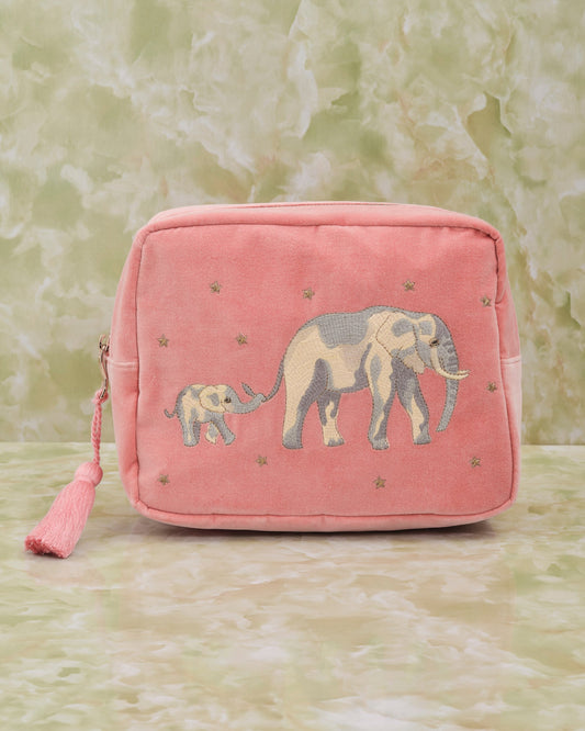 Elephant Coral Velvet Wash Bag