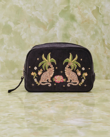 Tropical Jaguar Charcoal Velvet Makeup Bag