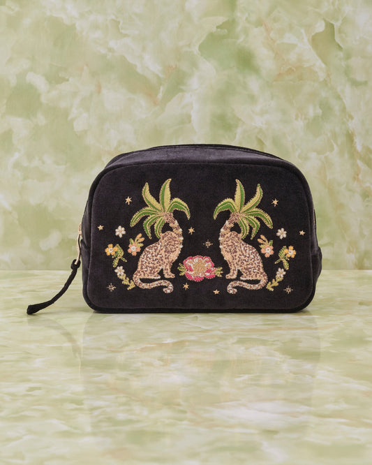 Tropical Jaguar Charcoal Velvet Makeup Bag
