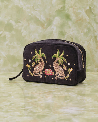 Tropical Jaguar Charcoal Velvet Makeup Bag