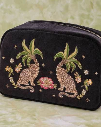 Tropical Jaguar Charcoal Velvet Makeup Bag
