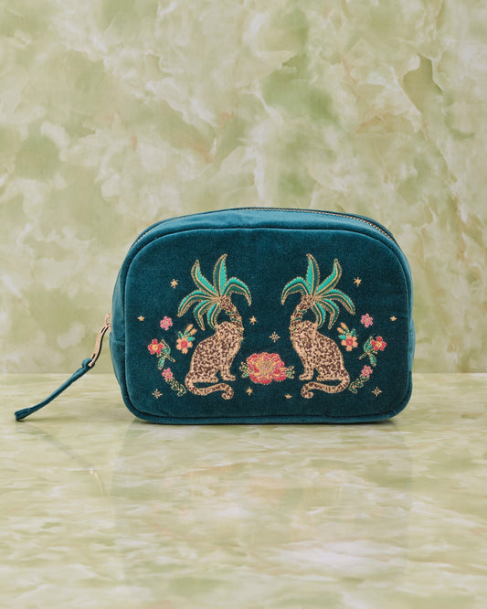 Tropical Jaguar Rich Blue Velvet Makeup Bag