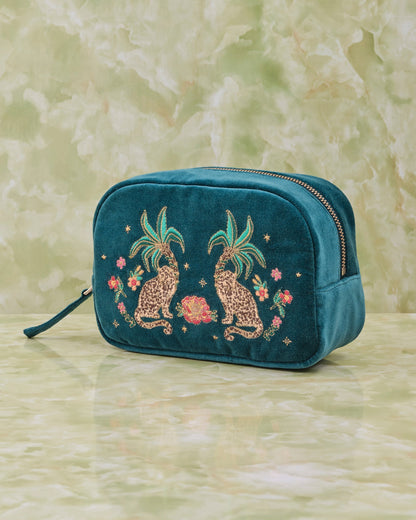 Tropical Jaguar Rich Blue Velvet Makeup Bag