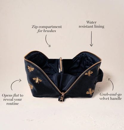 Honey Bee Charcoal Velvet Open Flat Makeup Bag