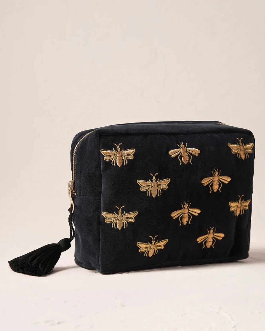 Honey Bee Charcoal Velvet Wash Bag
