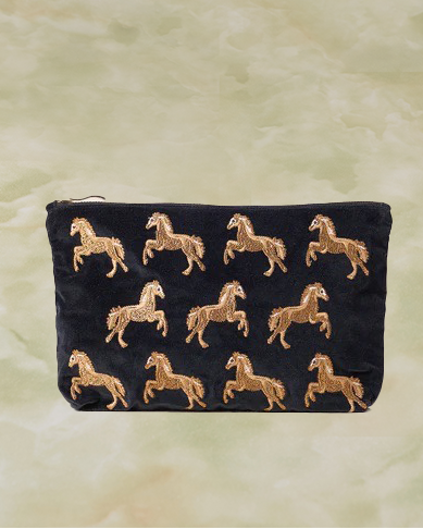 Wild Horses Velvet Everyday Pouch -Charcoal