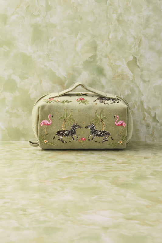 Wild Zebra Palm Olive Velvet Open Flat Makeup Bag